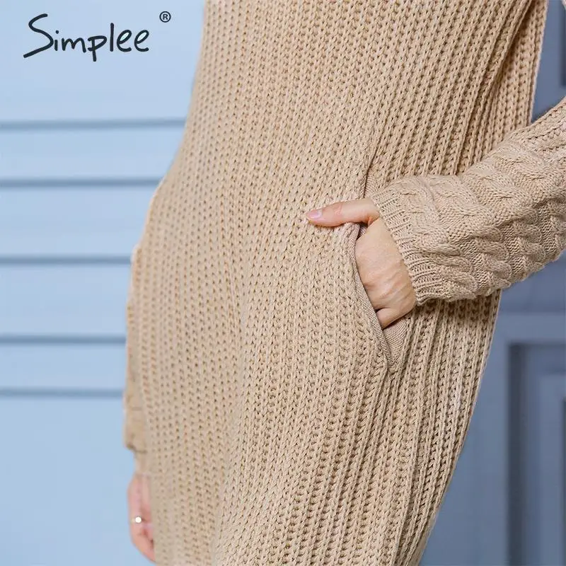 Simplee твист водолазка женский свитер платье Однотонный женский карманы с пышными рукавами трикотажное платье Повседневная Дамская уличная одежда осеннее платье