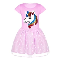 kids girls round neck short sleeve color changeable sequin cartoon horse applique stars moon print pleated a line mesh dress