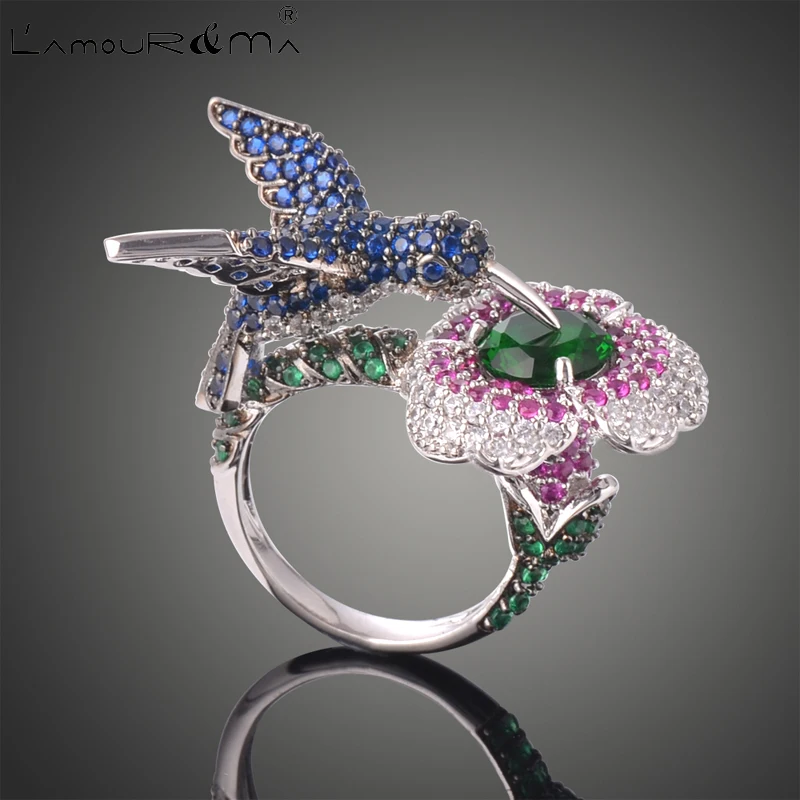 

L'Amour&Ma Fashion Luxury Bluebird Pink Flower Creative Crystal Ring For Women's Wedding Birthday Parties Daily Jewelry Gift