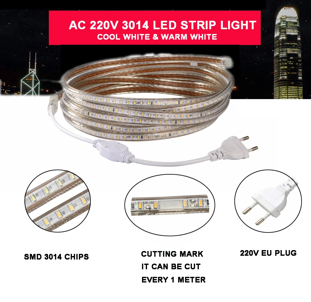 Открытый и закрытый Светодиодные ленты 220 V 3014 SMD 120 светодиодов/m свет веревочки дома праздник Рождество освещения 1 м 2 м 5 M 10 м 15 м 20 м 25 м