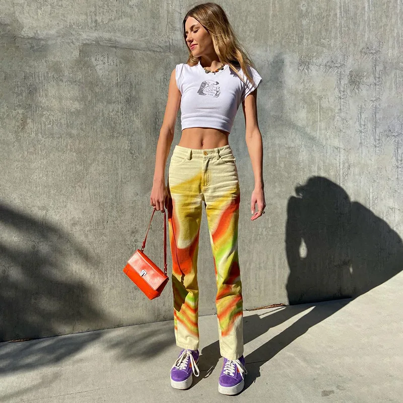 

Tie Die Long Pants Women Spring Clothes Loose Trousers Causal Colored Straight Pants Streetwear Fashion 2021 Elegant Vintage