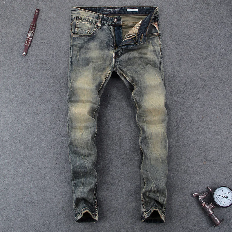 

Italian men's pants, classic elastic tight jeans, retro Designer