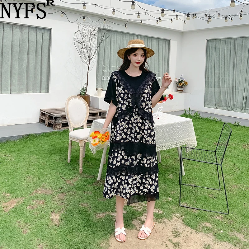 

NYFS 2021 New Korean Fashion Loose Woman Dress Vestidos Robe Elbise Patchwork Chiffon Daisy Flower Summer Dress