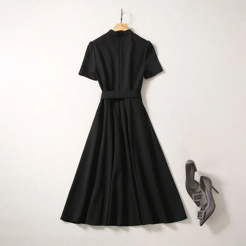 

High Quality New Celebrity Style 2020 Summer Women Vintage Buttons Deco Short Sleeve Large Swing Black Wine Red Dress OL