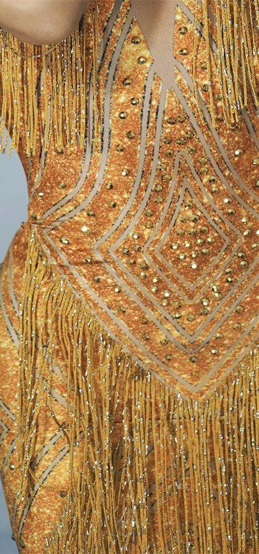 Золотое вечернее платье с кристаллами и кисточками сексуальное стразы для