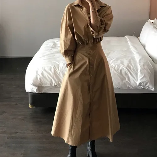 new arrival 2021 spring fashion puff sleeve lapel dress women high waist single breasted shirt | Женская одежда