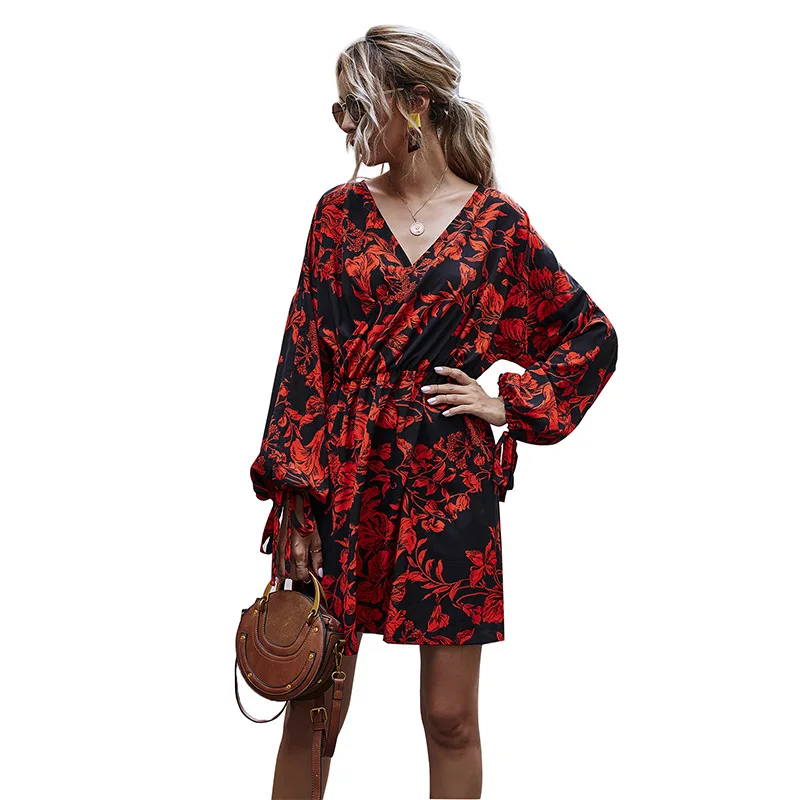 

Hot Sale in Europe and America Spring and Autumn Dress Women's Clothing Casual V-neck Black Bottomed Red Printed A- line Skirt