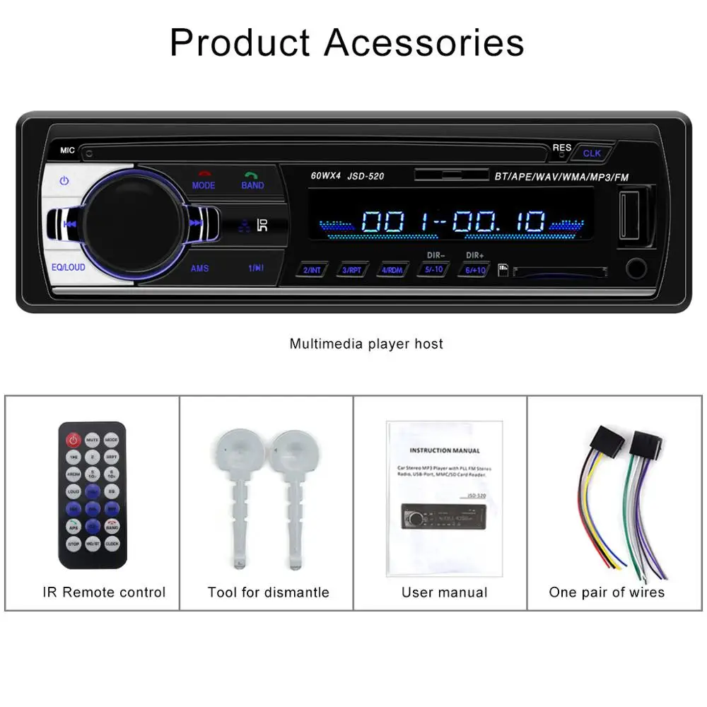 Автомагнитола 1 din jsd 520 тюнер с Bluetooth автомобильный стерео In-dash FM aux in usb MMC WMA AUX IN TF