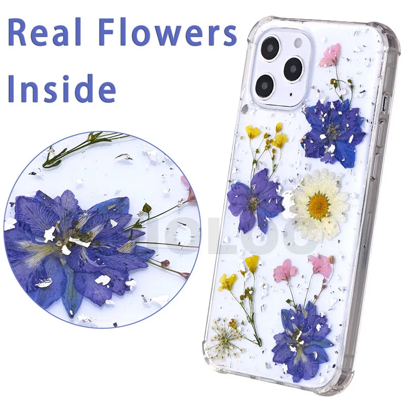 

~For iPhone XR 12 Pro Max 11 Case Real Dried Flower Phone Case Clear Soft Shockproof Cute Women Girls Cover Pressed Dry Floral
