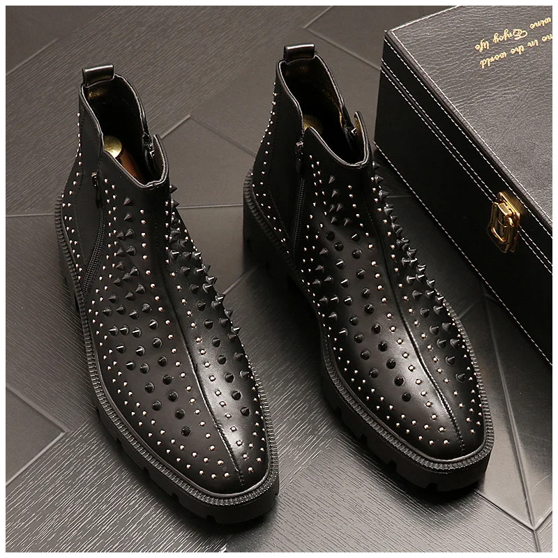 

mens luxury fashion punk night club wear chelsea boots cow leather rivet shoes platform boot personality ankle botas masculinas