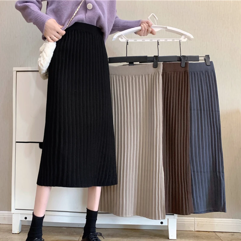 

Y2K2022 Fashion Autumn Winter Knitted Back Split Long Pleated Skirt Women Japan Style Black Mid-Length High Waist Skirt Female