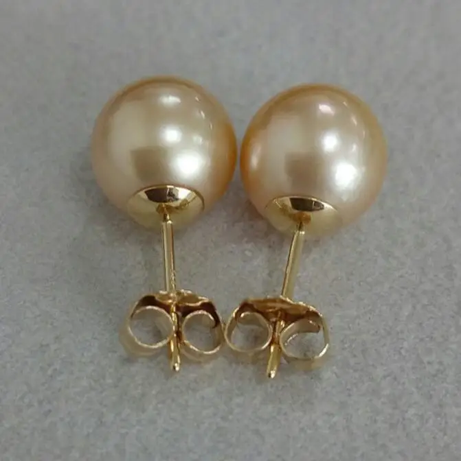 Бесплатная доставка 9 5-9 6 мм почти круглые золотые серьги-гвоздики с жемчугом