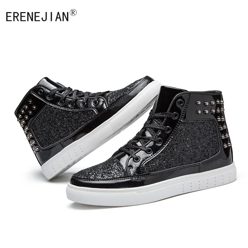 

Модные ботильоны ERENEJIAN в стиле панк унисекс с заклепками, блестящие кожаные высокие ботинки для пар, обувь с блестками