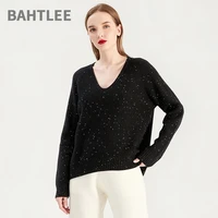 bahtlee autumn winter womens cashmere pullovers gold wire knitted sweater v neck looser style thick keep warm