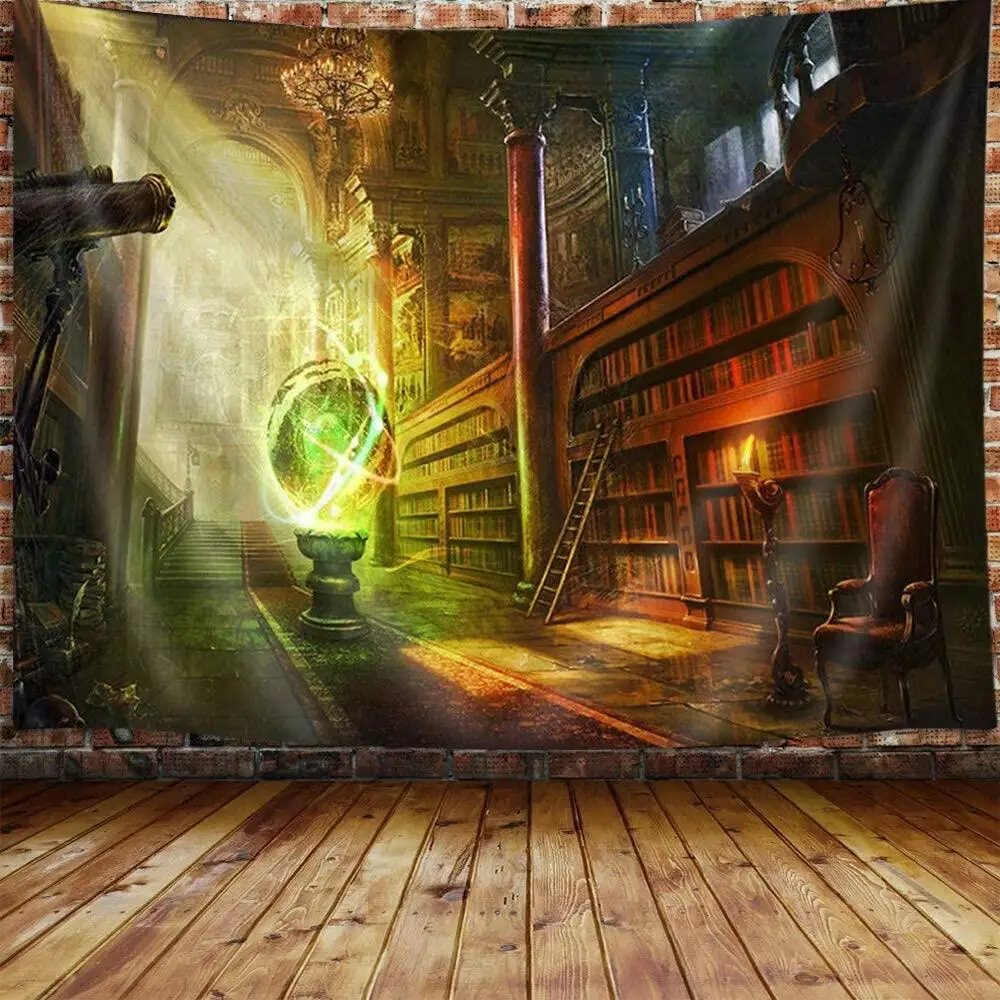 

Magic Bookshelf Tapestry Wall Hanging, Ancient Library and Magic Crystal Ball Fantasy World Tapestries for Dorm Study Room Decor