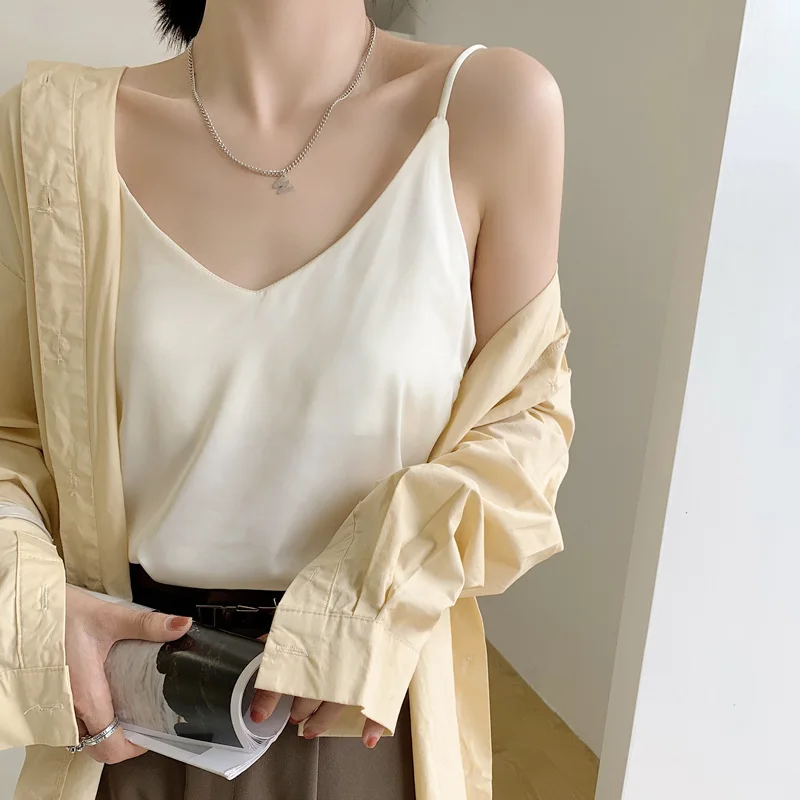 

New Summer Crop Tops Women Fashion Solid Color Camis Silk Satin Tanks Sexy Camisole Sleeveless Short Clothing for Female 2021