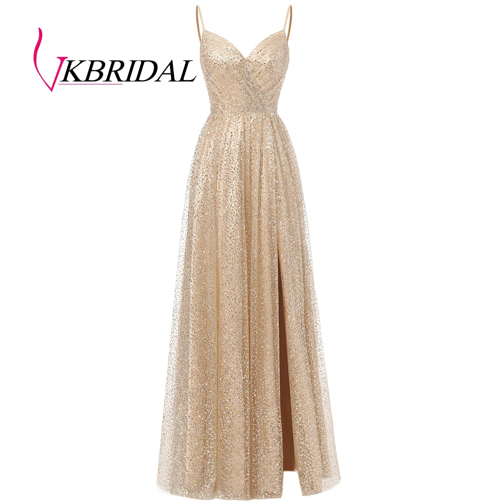 Vkbridal золотистое фото новинка 2020 блестящее платье с высоким разрезом для