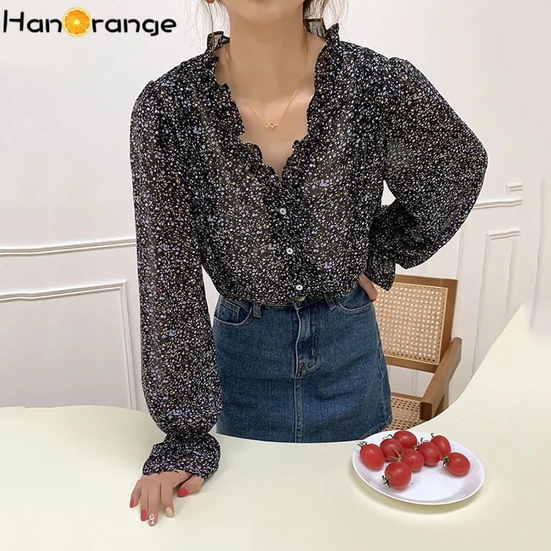 

V-Neck Floral Chiffon Women Shirt Edible Tree Fungus 2021 Summer Temperament Sweet Long-sleeved Tops Female Butterfly Sleeve