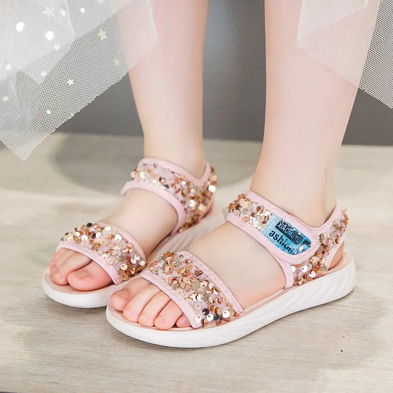 

Sweet Girls Strappy Sequin Sandals Sweat Absorbent Open Toes Velcro Kids Beach Shoes 3-18 Years Old T21N04LS-47