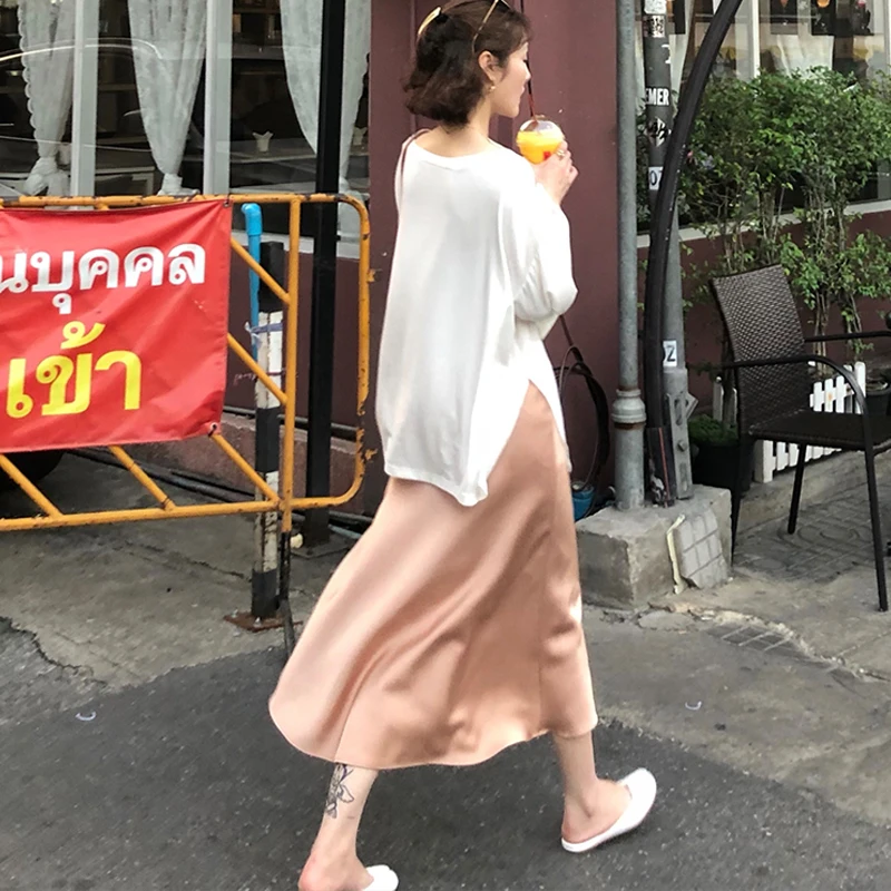 Трапециевидная длинная юбка миди для женщин шелковая летняя 2019 с высокой талией
