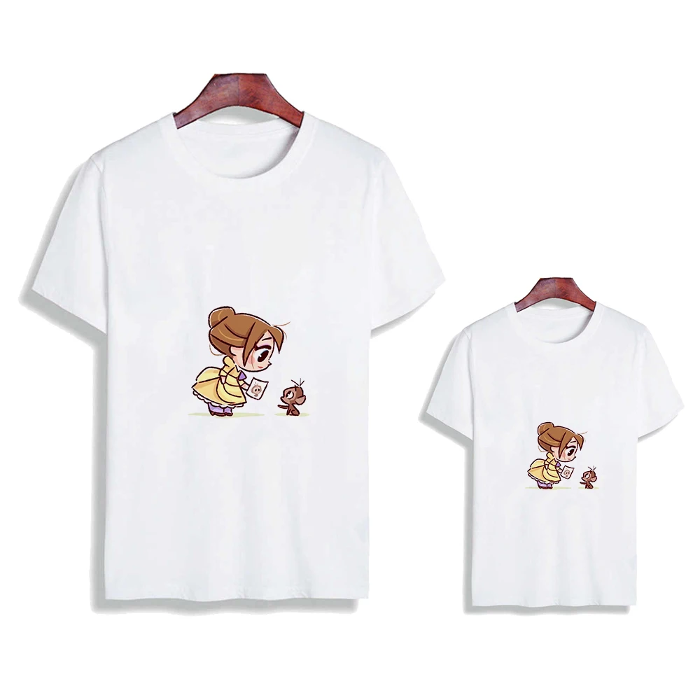 

Disney Women T Shirt Cartoon Princess Print White T-shirt Casual Short Sleeve Tops Cute Baby Girl Summer Family Matching Clothes