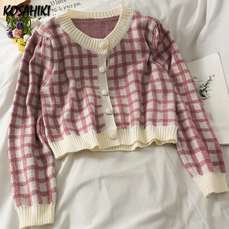 

KOSAHIKI Spring Fall Plaid Harajuku Short Knit Cardigan Women Korean Fashion Casual Sweater Crop Top Single-breasted Pull Femme