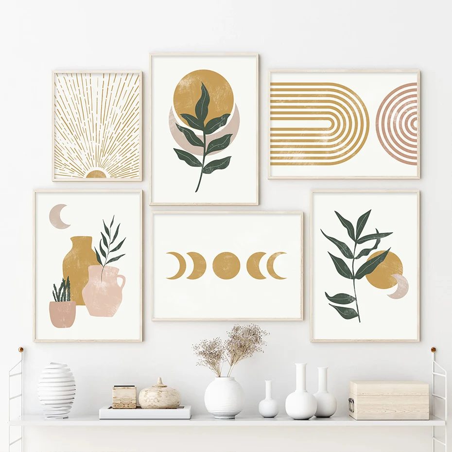 

Abstract Boho Burnt Orange Moon Phase Sun Leaves Poster Canvas Painting Wall Art Print Pictures Living Room Interior Home Decor
