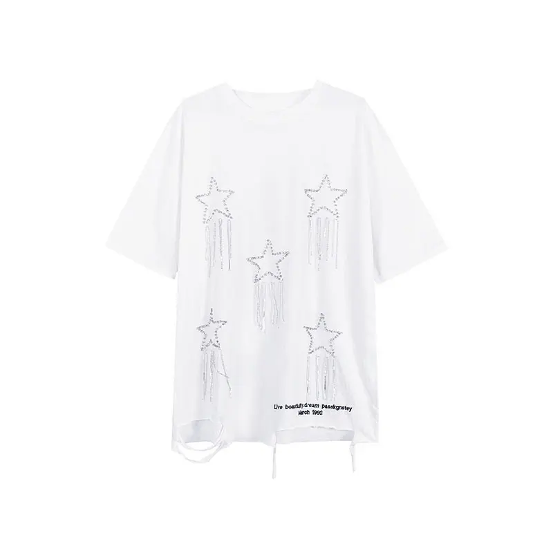 

XITAO Sequins Tassel Patchwork T-shirt White Simplicity O-neck Collar Casual Loose Women Summer New Fashion All-match WMD0021