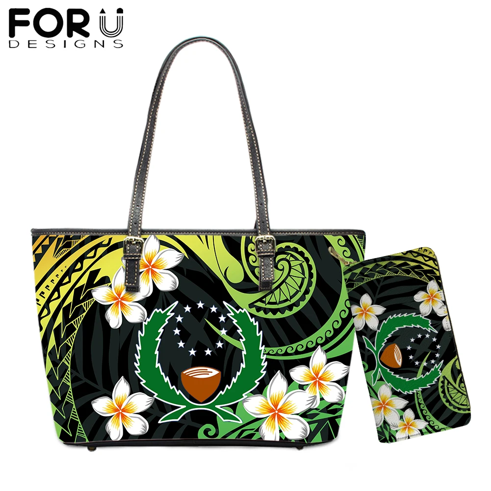 

FORUDESIGNS Luxury Design Women Handbag Set Pohnpei Polynesian Plumeria Waves Prints Female Shoulder Bolsa Party Totes Bag Purse