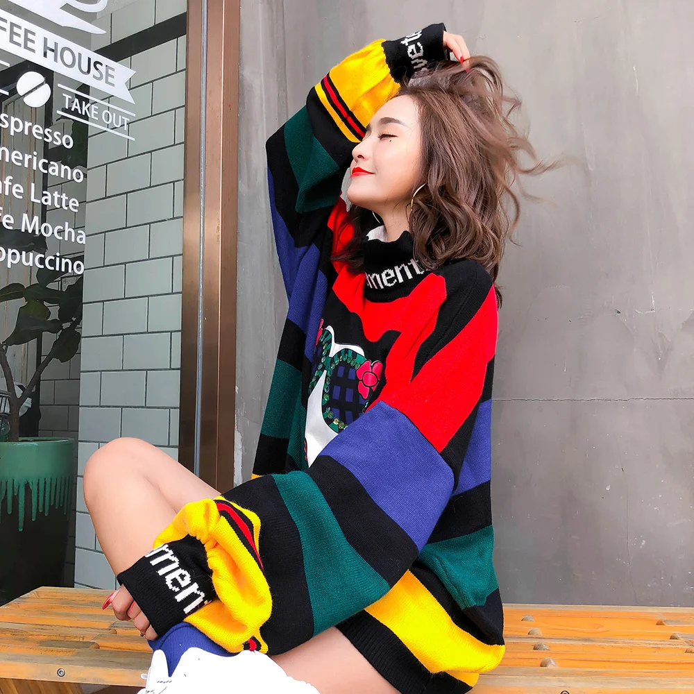 

and Spring 2020 Autumn Rainbow Stripe Loose Large Size Sweater Women Fashion Puff Sleeve Turtleneck Knit Sweater