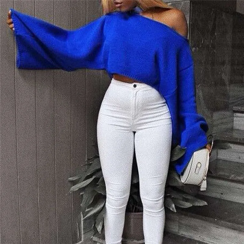 Сексуальный свитер с открытыми плечами вязаный Топ Женский пуловер длинными