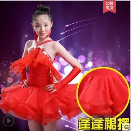 

Latin Dance Dress Children Girls Salsa/Tango Fringe Dance Costumes Mesh Waist Performance Dress