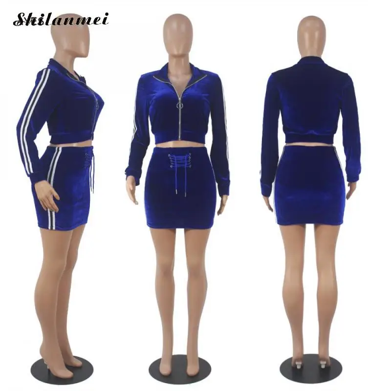 

Velvet Two Piece Set Women Autumn Winter 2pcs Outfits Festival Matching Set Side Stripe Zipper Coat Jacket Mini Skirt Suits