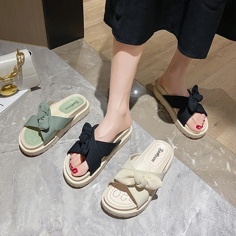 

House Slippers Platform Med Female Shoes Butterfly-Knot Slides Fashion 2021 Flat Soft Summer Luxury Rubber Butterfly-knot Fabric