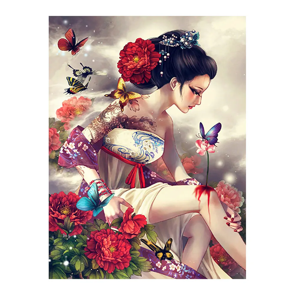Японская красота женщина цветок Бабочка алмазная живопись цветочный круг Полная
