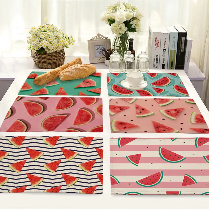 

Summer Style Watermelon Print Kitchen Placemat Dining Table Mats Drink Coasters Western Pad Cotton Linen Cup Mat 42*32cm 1Pc