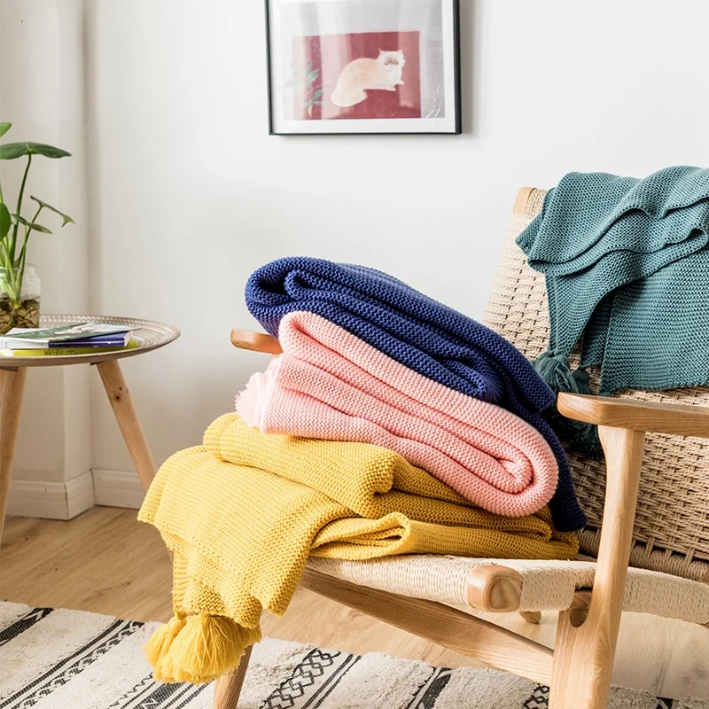 

Spring Autumn Handmade Quadrangle Tassels Blanket Outdoor Travel Household Hotel Portable Soft Blankets Washable Skin-friendly
