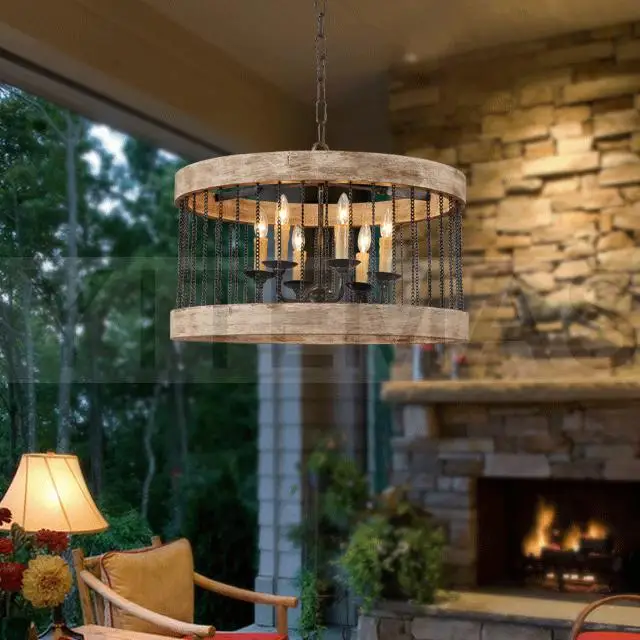 Черный винтажный подвесной светильник деревянный 6 светлый французский