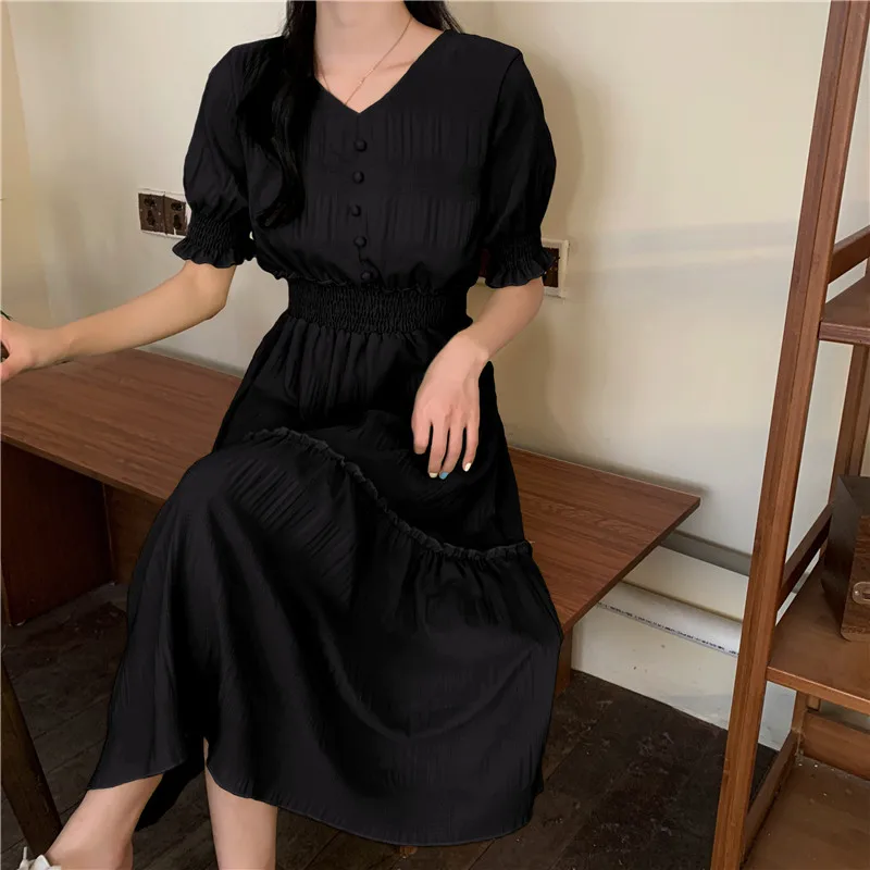 

Houthion Women Dresses Chiffon Long Dress Elastic Waist Short Sleeve Fashion Casual Solid Bohemia A-LINE Loose Plus Size Dresse