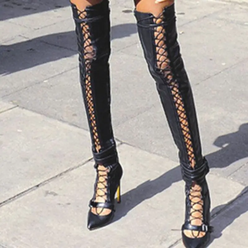 

woman boots pointed toe cut-outs lace up high heel boots black leather over the knee high heel gladiator boots new design sexy