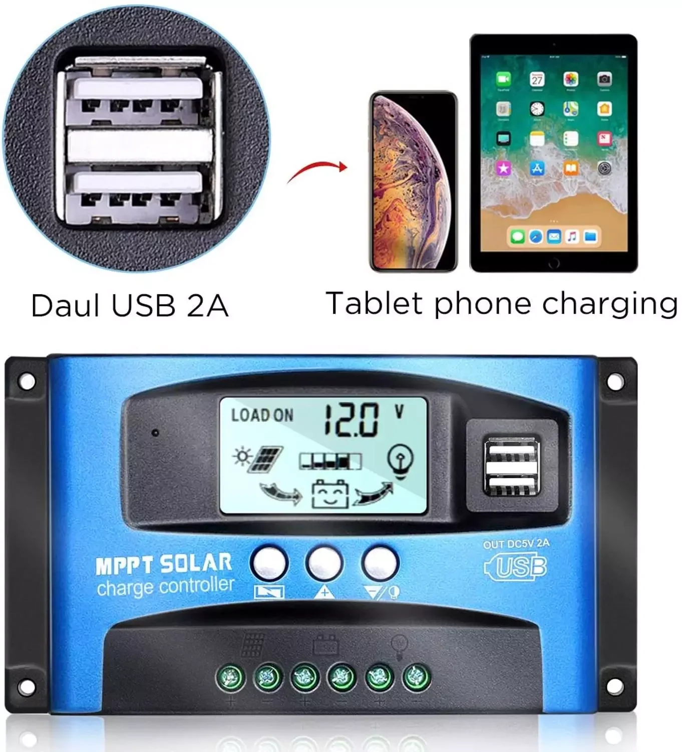 MPPT Solar Controller PWM 100A 60A 30A Charger and 12V 24V Auto Dual USB LCD Display Cell Panel Charge Regulator with Load |