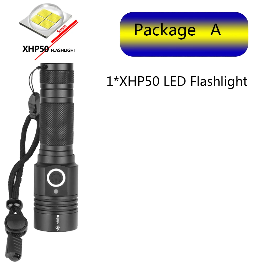 Package A Самый мощный светодиодный светильник XHP70 с подзарядкой от USB, фонарь с зумом XHP50, ручная лампа 26650, 18650, светильник с батареей - Испускаемый цвет: Package A