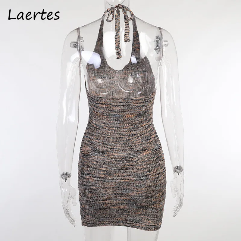 

Laertes Knitted Dress V Neck Bodycon Y2K Pink Women Halter Neck Backless Bandage Summer Beach Sleeveless Sexy Mini Dresses