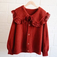 sweet lace patchwork knitted women cardigan 2020 autumn ruffles turn down collar lantern sleeve knitted cardigan coat for women