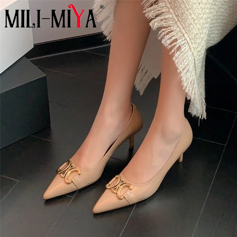 MILI-MIYA Top Quality Sexy Thin High Heels Women Pointed Toe Genuine Leather Pumps Slip On Shallow Party Wedding Shoes Hot Sale