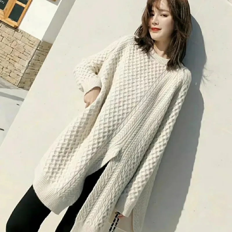 

Свитер женский с разрезом, винтажный Асимметричный пуловер с длинным рукавом и круглым вырезом, модная повседневная теплая кофта на осень-з...