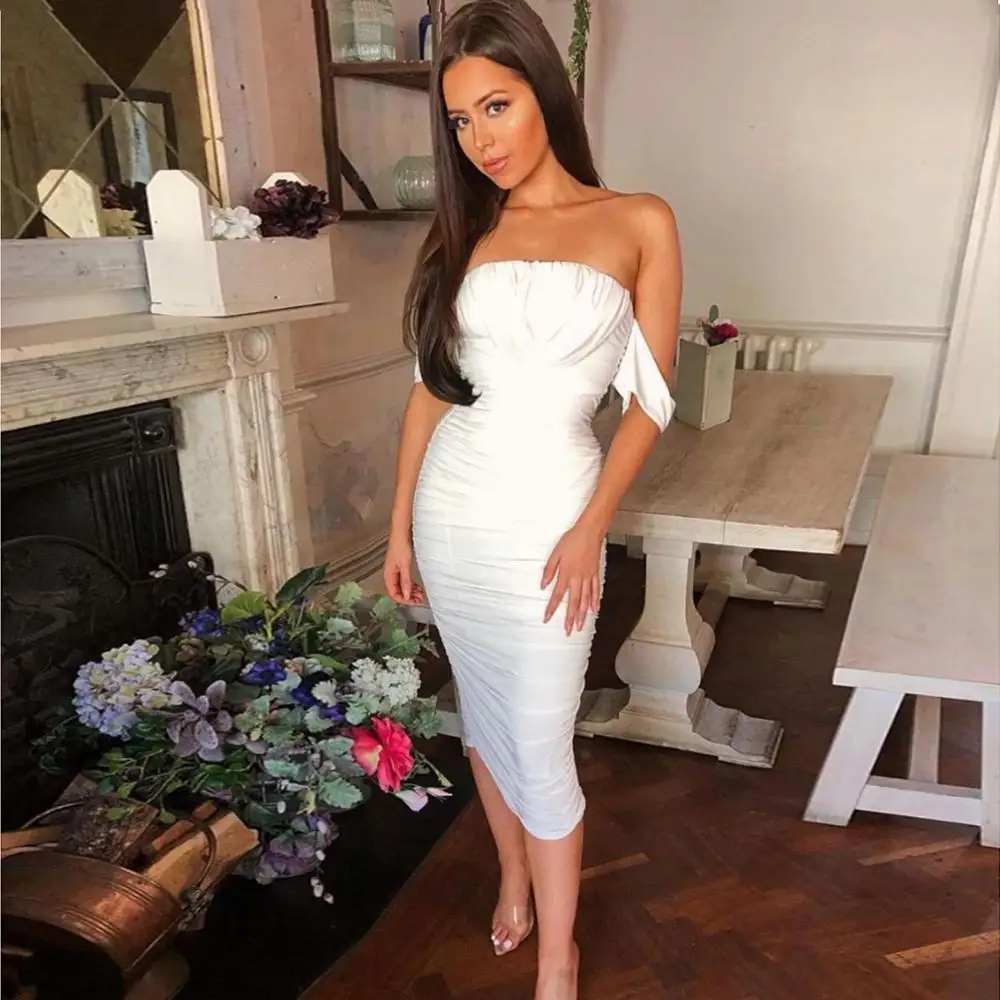 2020 Fashion Club Dresses Sexy Off Shoulder Ruched Bodycon Midi Dress Double Layered Mesh Draped Party Night Outfits Women | Женская