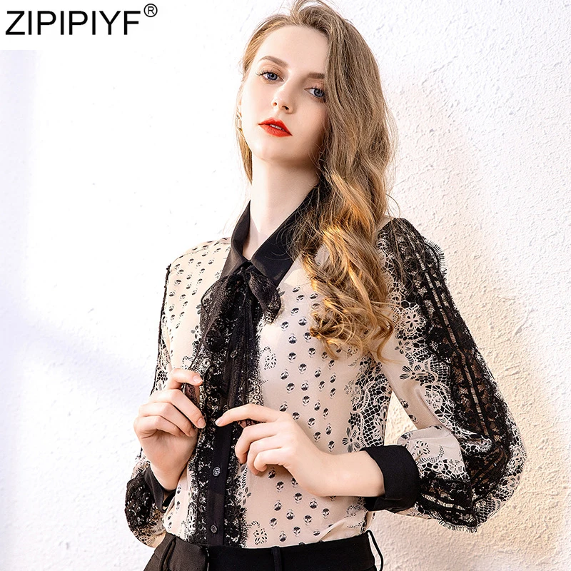 2020 Women Lace Patchwork Long Sleeve Buttoned Blouse Chic Elegant Spring Fall Office Bow Collar Shirt Silk Solid Casual Tops