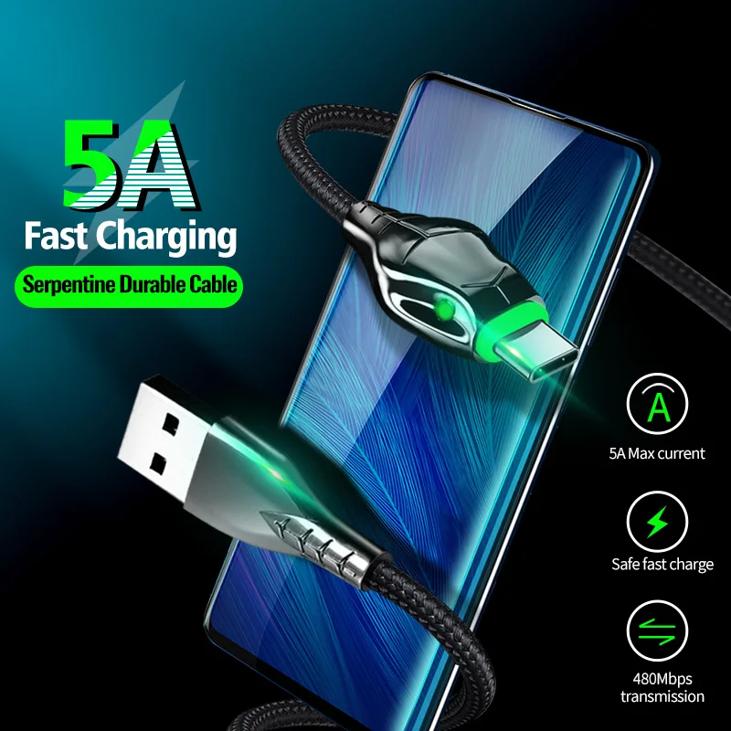 

1M Micro USB Cable Fast Charging Snake head glows 5A Type-C Cord For Iphone Samsung Xiaomi Huawei UsbC Charger Data Cable Wire