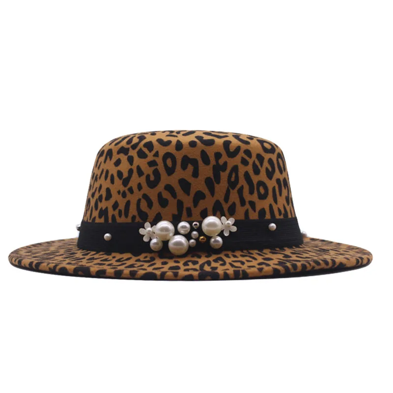 

Autumn Winter New Women Wide Brim Flat Hats Solid Color Imitation Wool Female Hats With Wide Brim Round Flat top Elegant Pearl